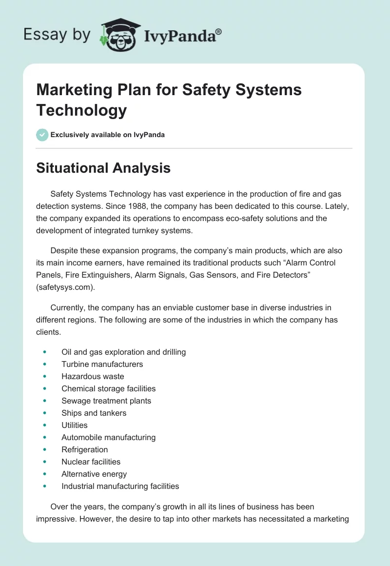 Marketing Plan for Safety Systems Technology. Page 1