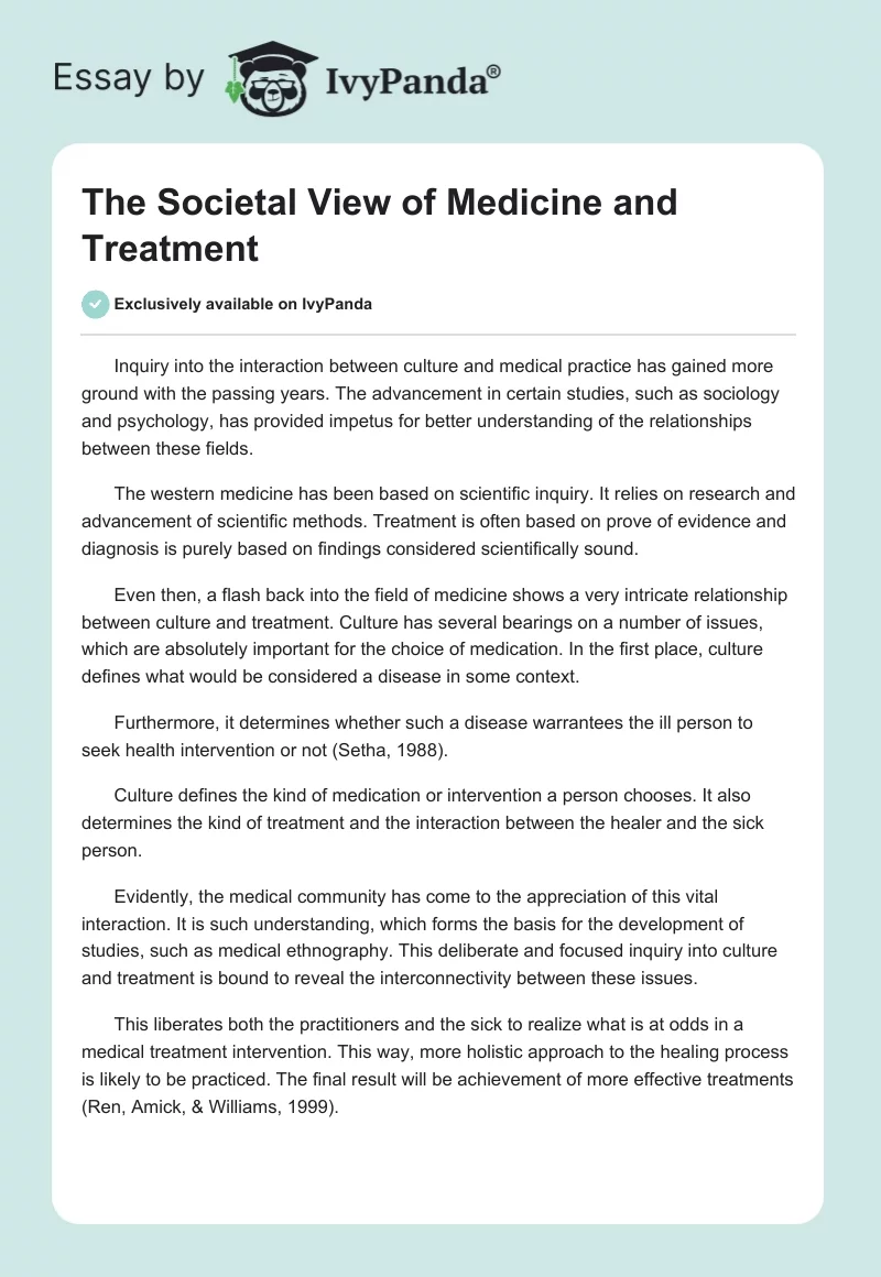 The Societal View of Medicine and Treatment. Page 1