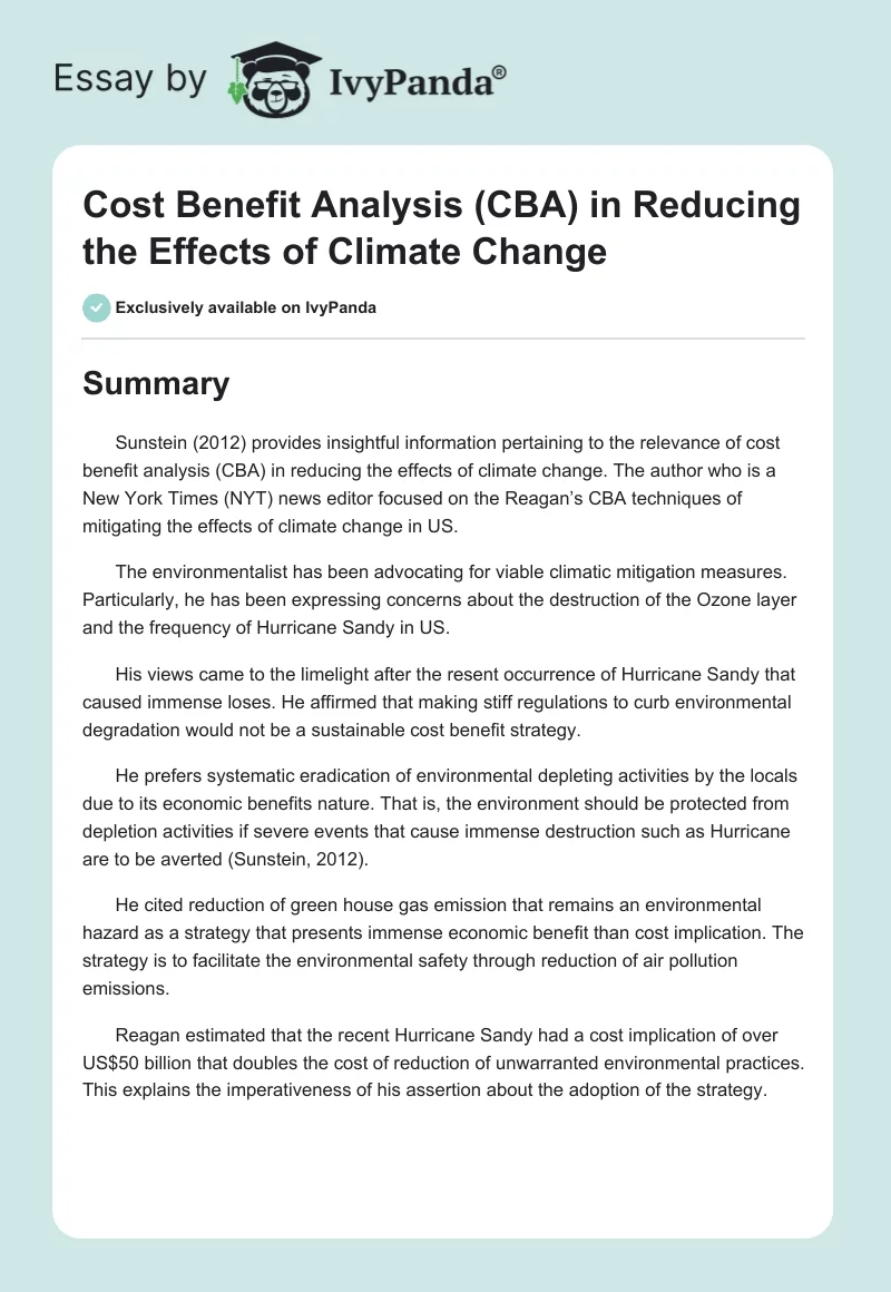 Cost Benefit Analysis (CBA) in Reducing the Effects of Climate Change. Page 1