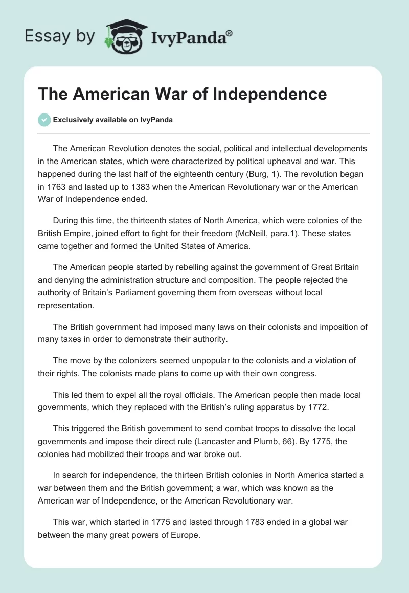 The American War of Independence. Page 1