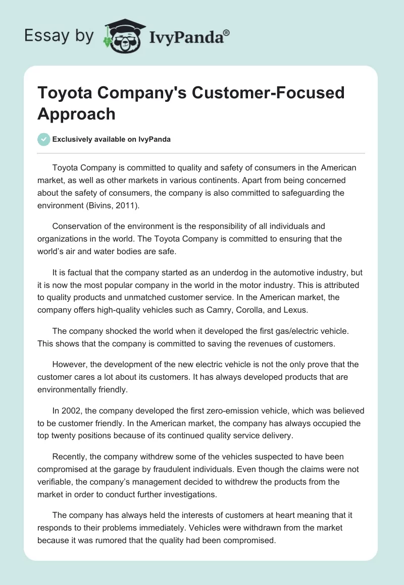 Toyota Company's Customer-Focused Approach. Page 1