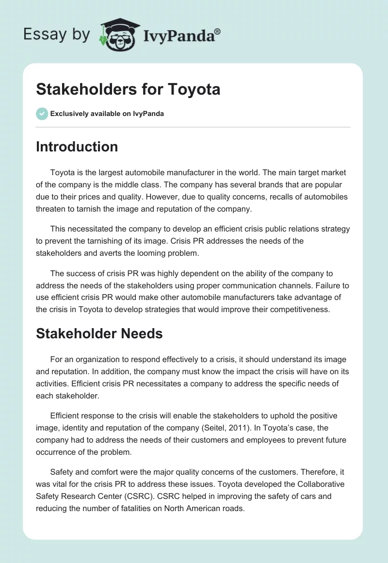 Stakeholders for Toyota. Page 1