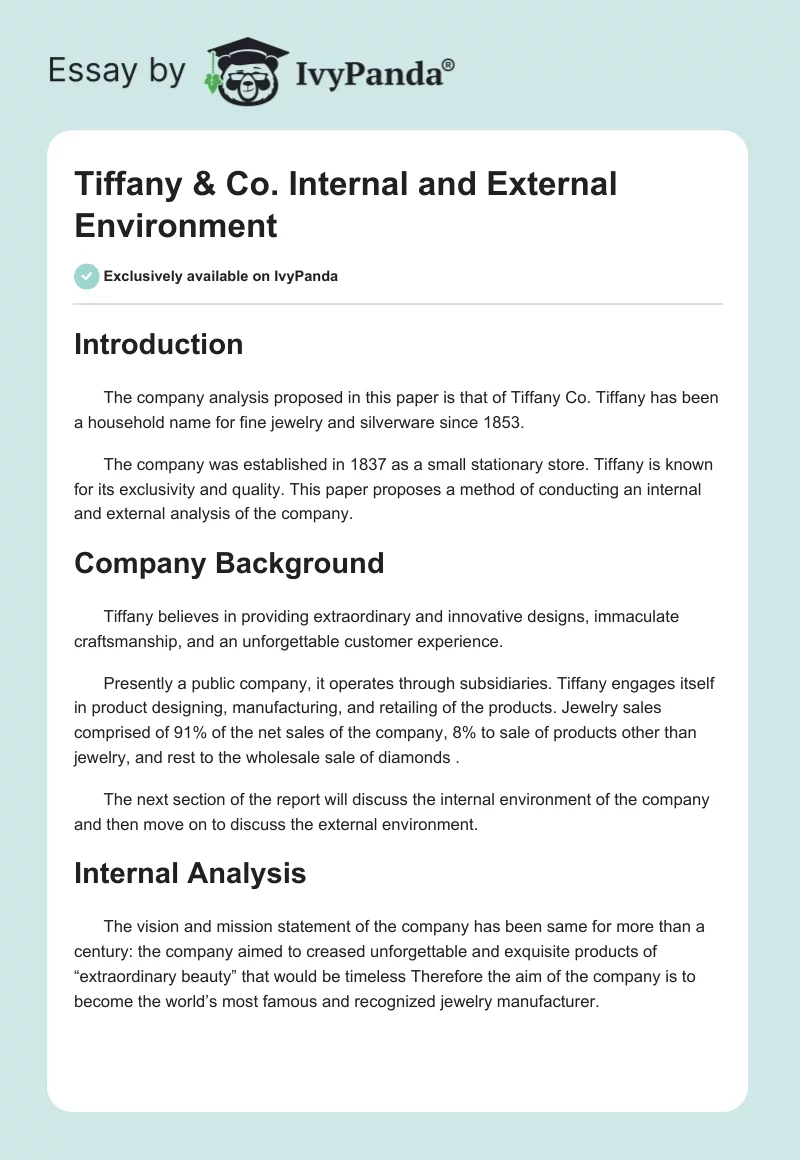 Tiffany & Co. Internal and External Environment. Page 1