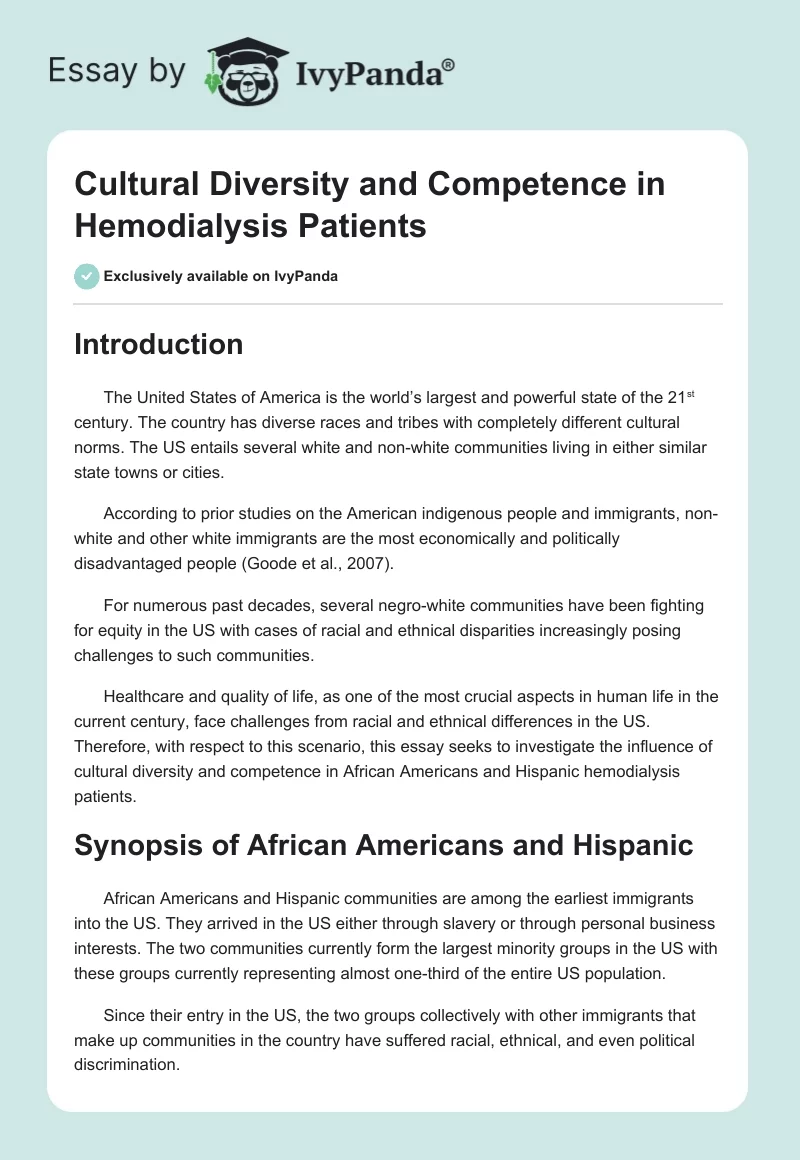 Cultural Diversity and Competence in Hemodialysis Patients. Page 1