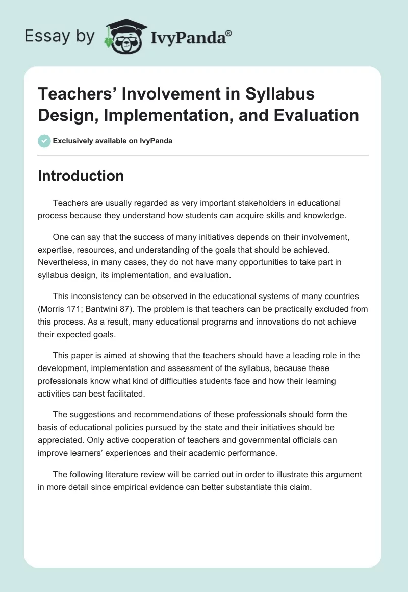Teachers’ Involvement in Syllabus Design, Implementation, and Evaluation. Page 1