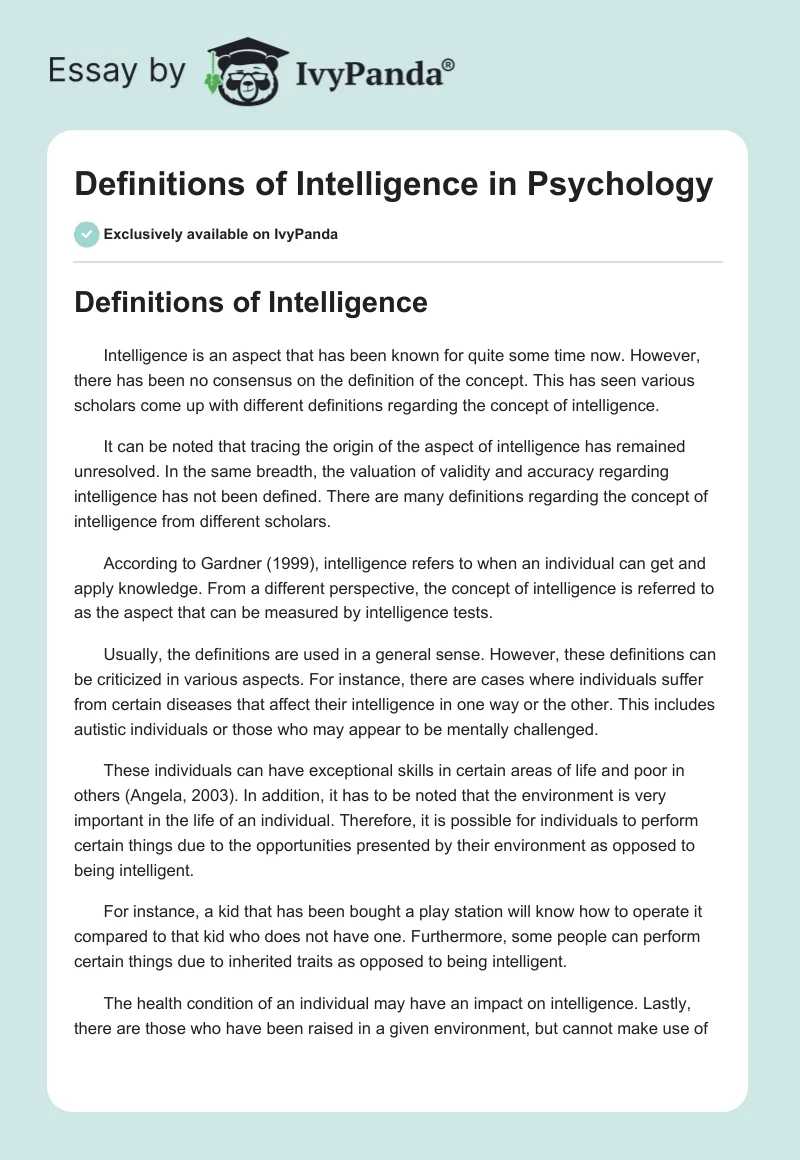 Definitions of Intelligence in Psychology. Page 1
