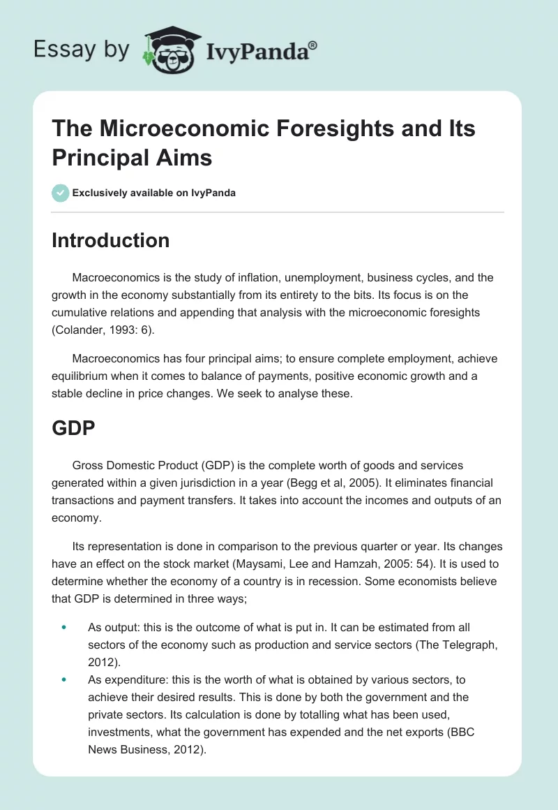 The Microeconomic Foresights and Its Principal Aims. Page 1