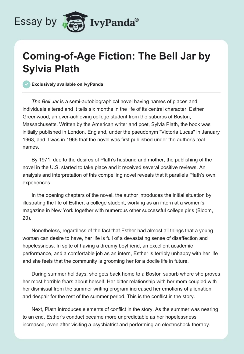 Coming-of-Age Fiction: "The Bell Jar" by Sylvia Plath. Page 1