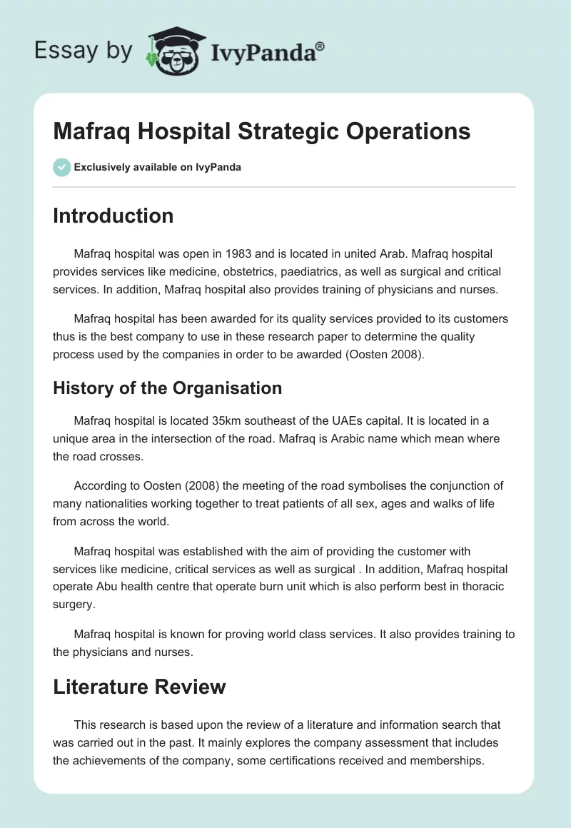 Mafraq Hospital Strategic Operations. Page 1