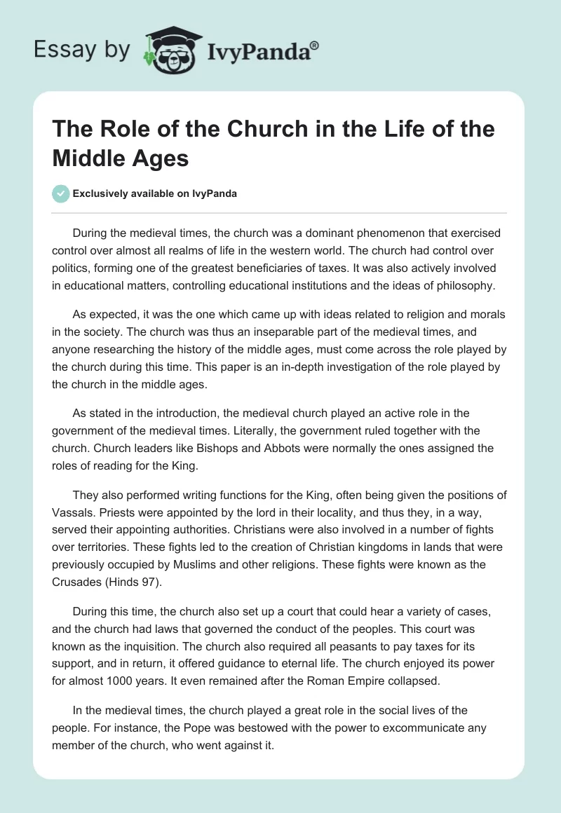 The Role of the Church in the Life of the Middle Ages. Page 1