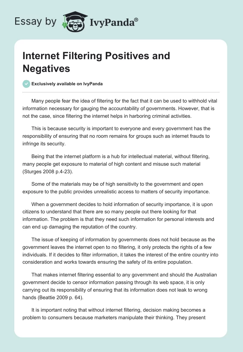 Internet Filtering Positives and Negatives. Page 1