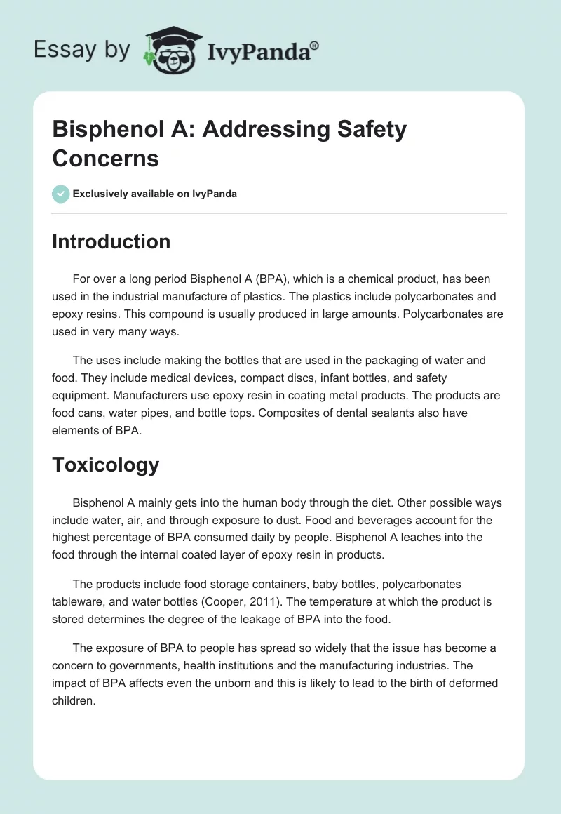 Bisphenol A: Addressing Safety Concerns. Page 1
