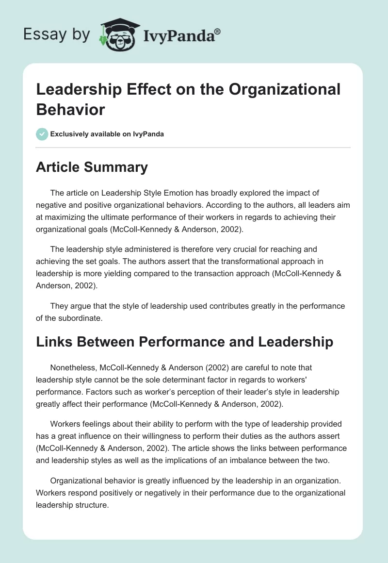 Leadership Effect on the Organizational Behavior. Page 1