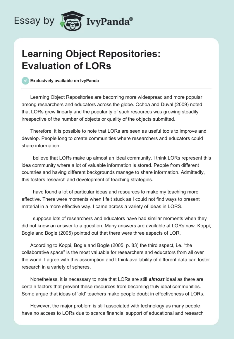 Learning Object Repositories: Evaluation of LORs. Page 1