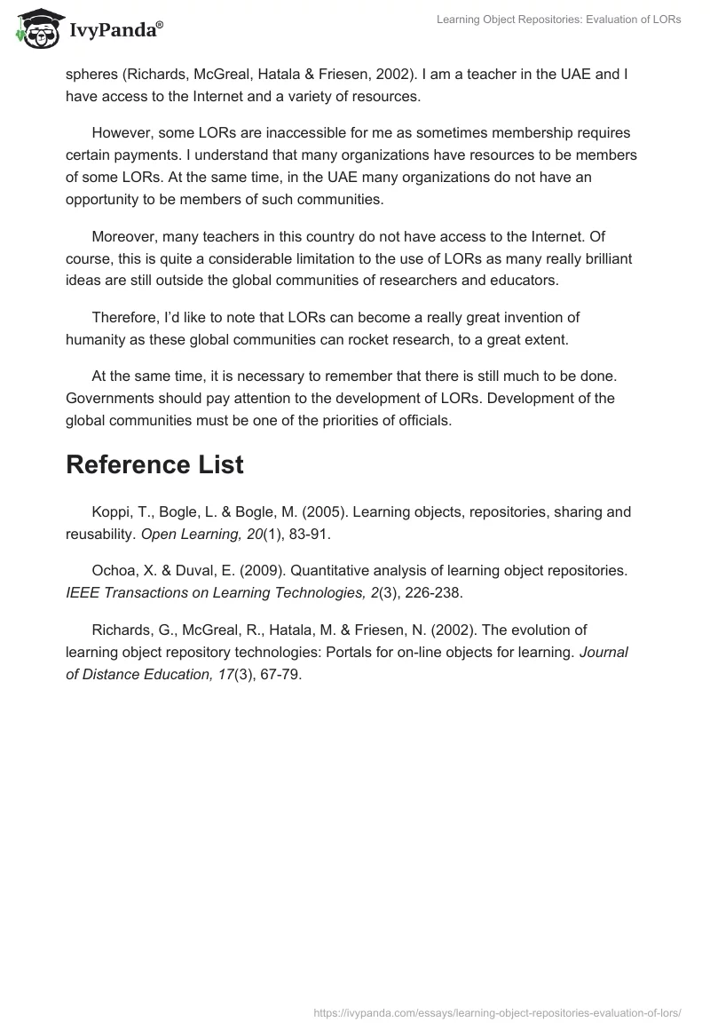 Learning Object Repositories: Evaluation of LORs. Page 2