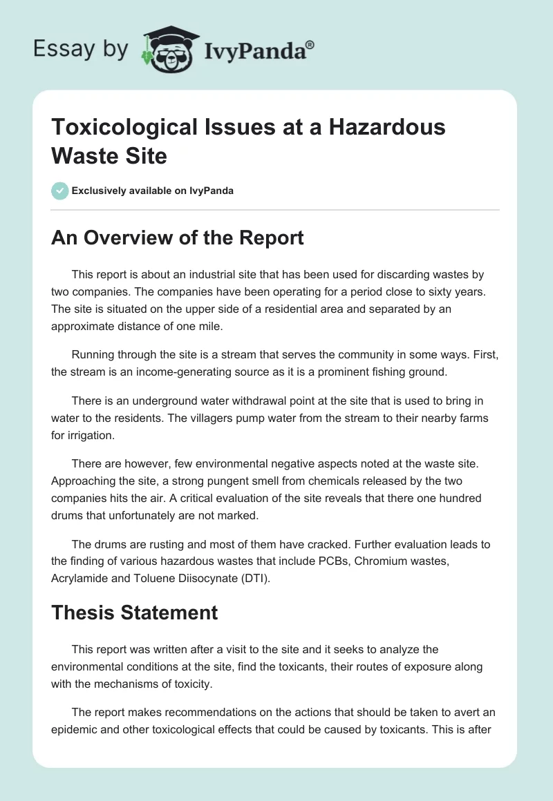Toxicological Issues at a Hazardous Waste Site. Page 1