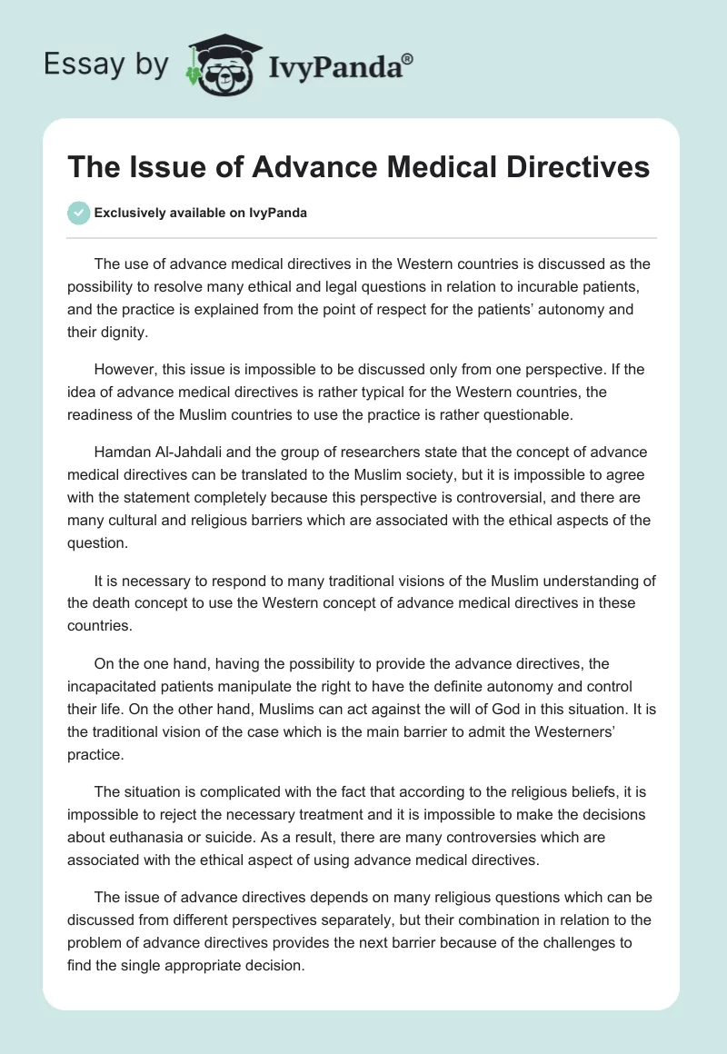 The Issue of Advance Medical Directives. Page 1