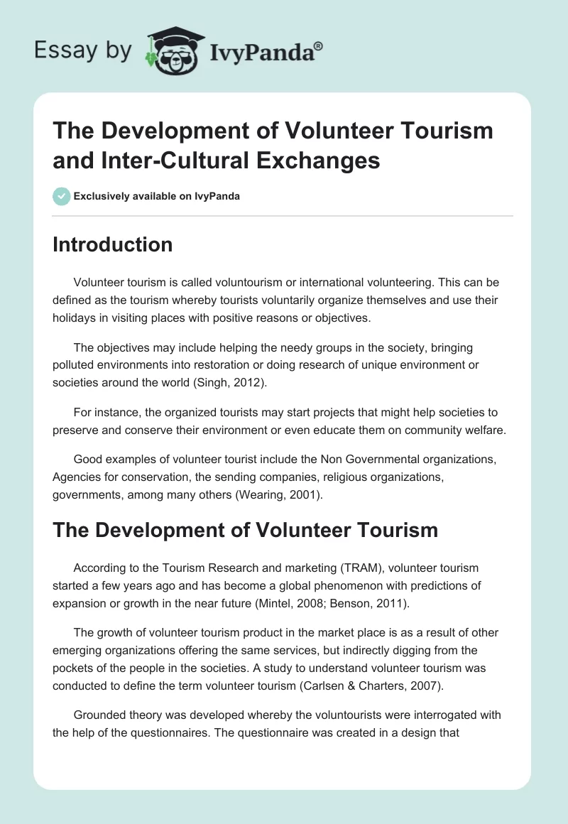 The Development of Volunteer Tourism and Inter-Cultural Exchanges. Page 1