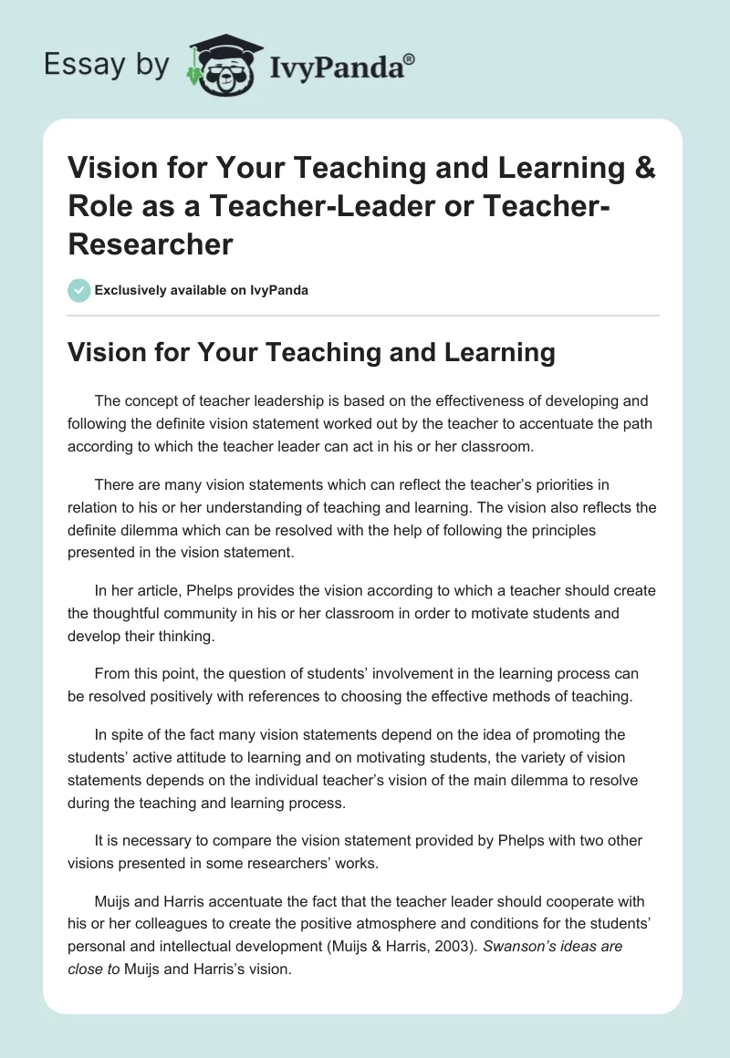 Vision for Your Teaching and Learning & Role as a Teacher-Leader or Teacher-Researcher. Page 1