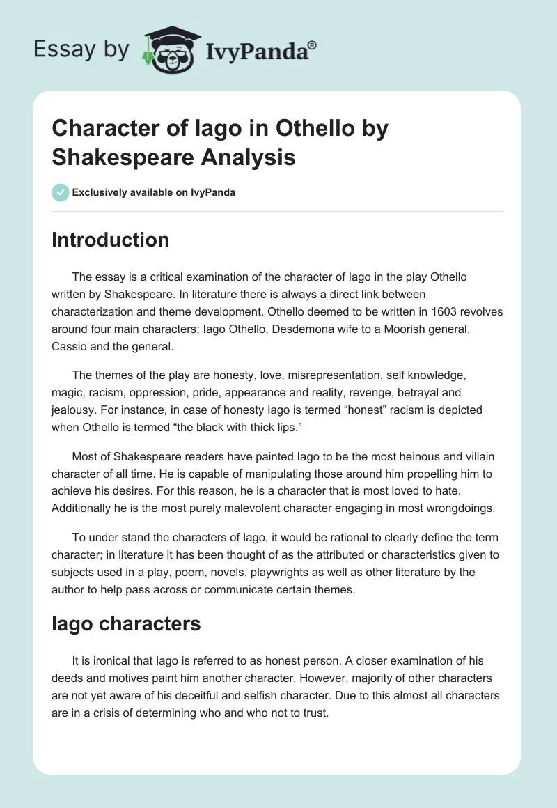 Character of Iago in "Othello" by Shakespeare Analysis. Page 1