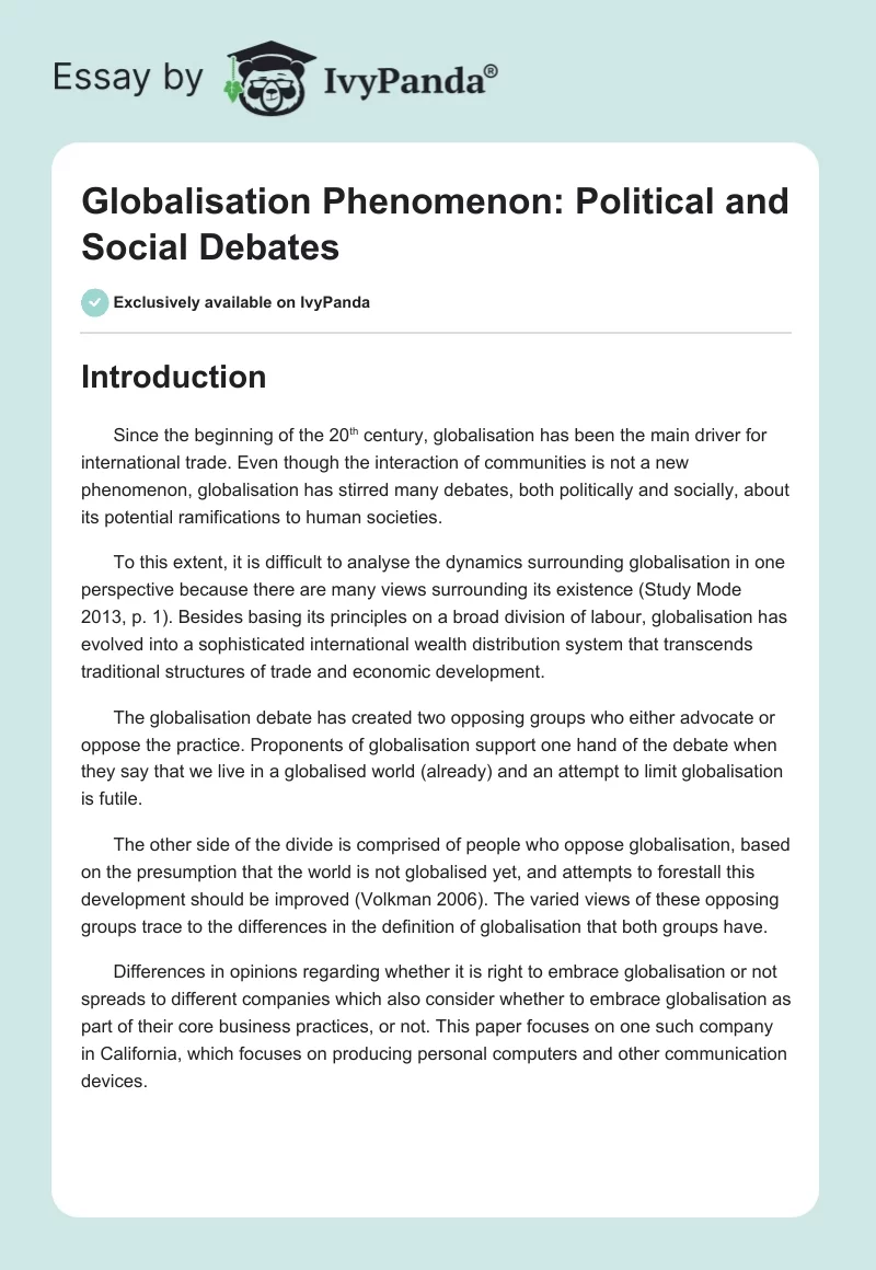 Globalisation Phenomenon: Political and Social Debates. Page 1
