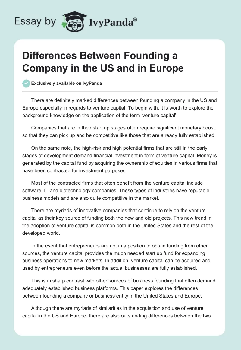 Differences Between Founding a Company in the US and in Europe. Page 1