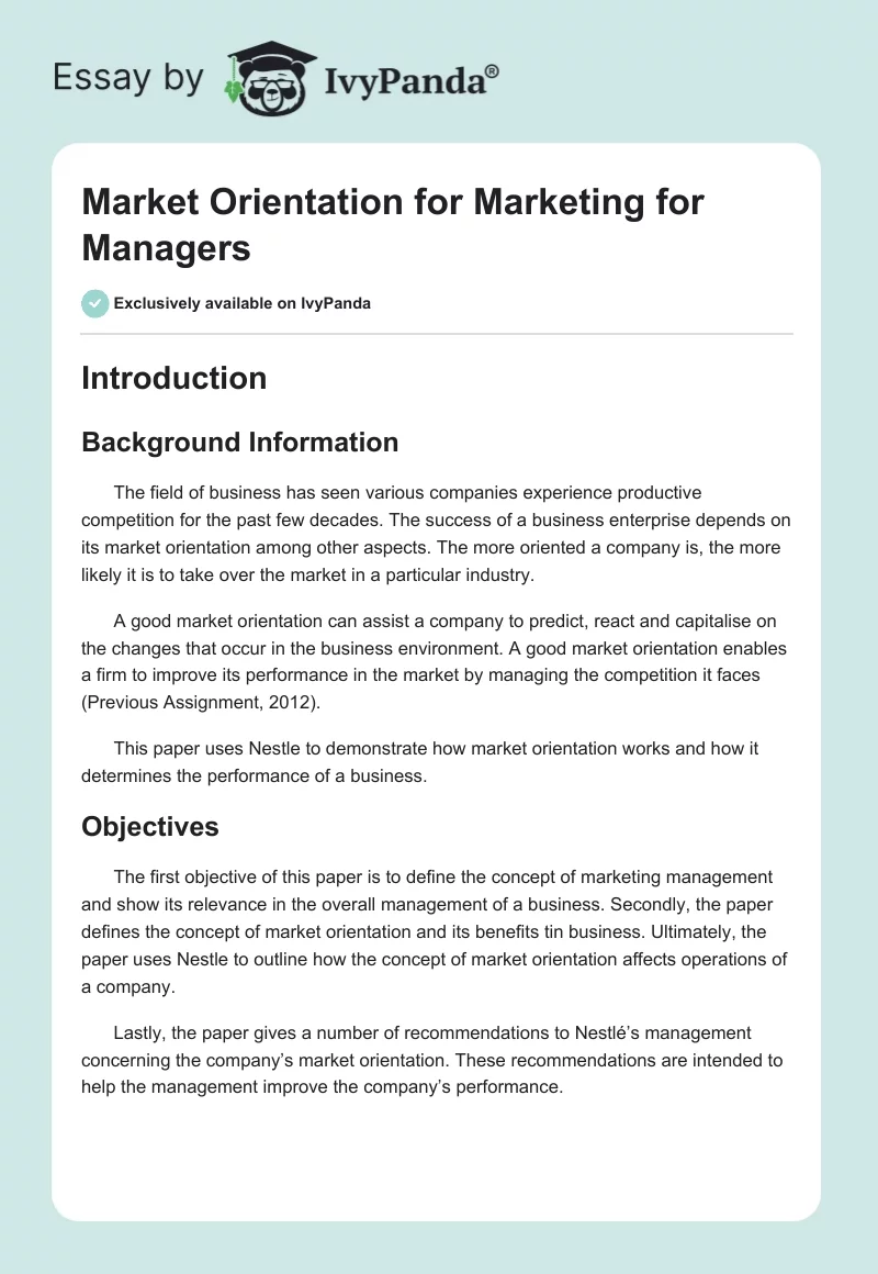 Market Orientation for Marketing for Managers. Page 1