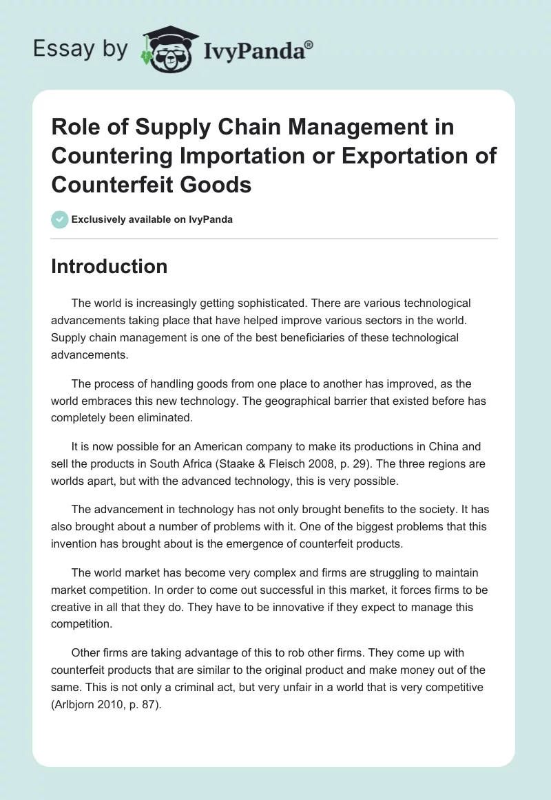 Role of Supply Chain Management in Countering Importation or Exportation of Counterfeit Goods. Page 1