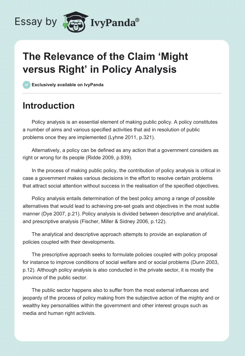 The Relevance of the Claim ‘Might versus Right’ in Policy Analysis. Page 1