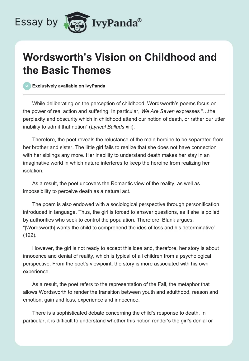 Wordsworth’s Vision on Childhood and the Basic Themes. Page 1