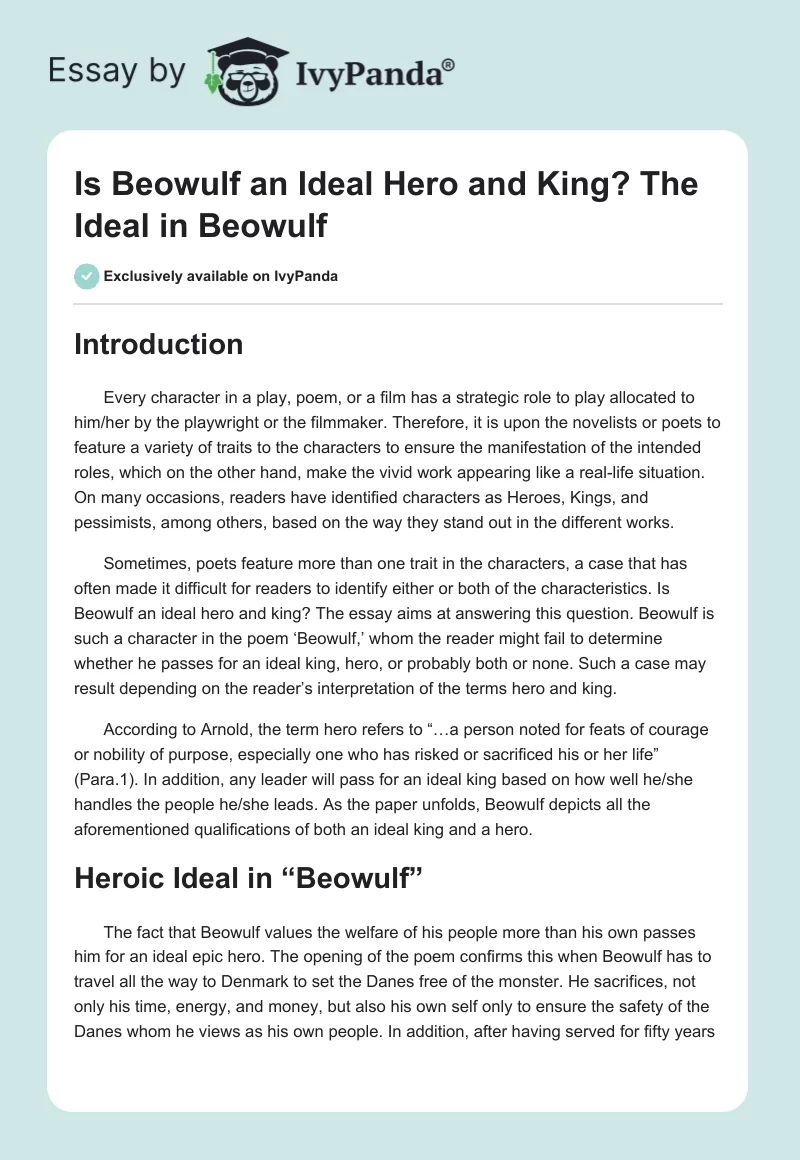 Is Beowulf an Ideal Hero and King? The Ideal in "Beowulf". Page 1