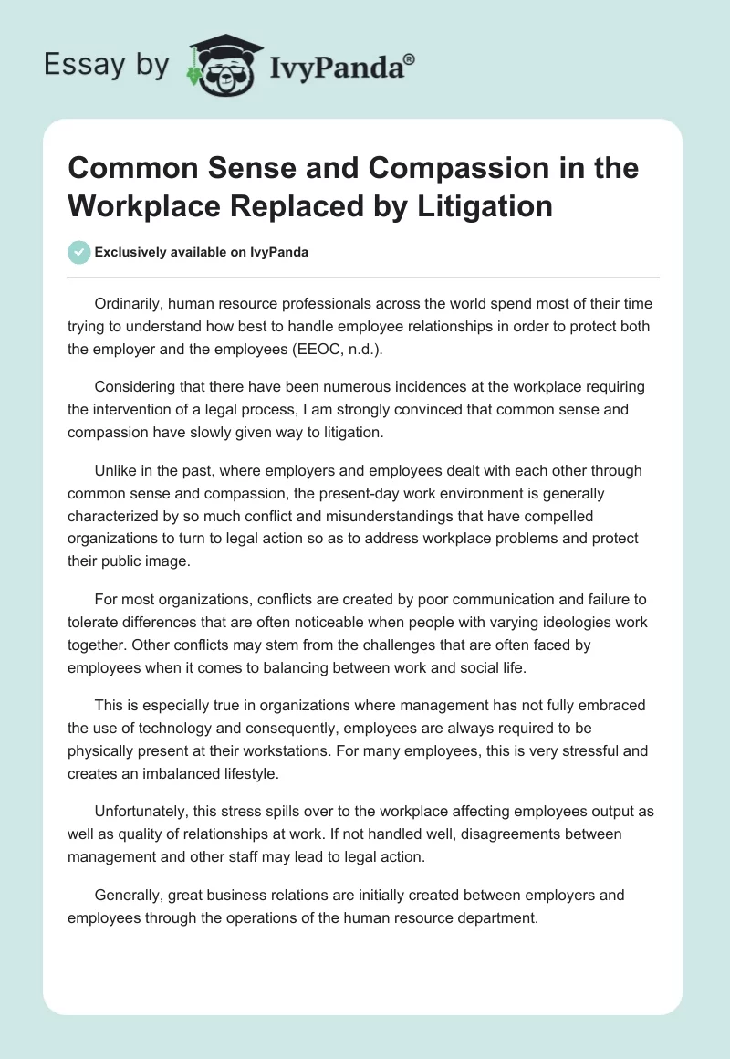 Common Sense and Compassion in the Workplace Replaced by Litigation. Page 1