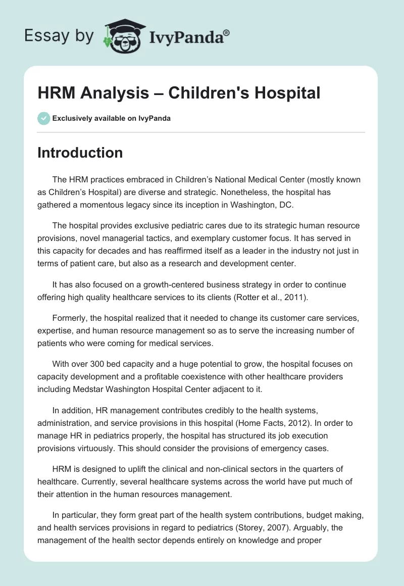 HRM Analysis – Children's Hospital. Page 1