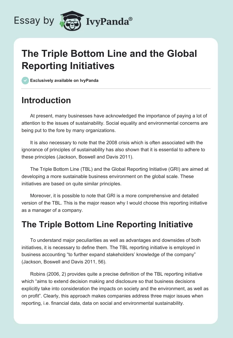 The Triple Bottom Line and the Global Reporting Initiatives. Page 1