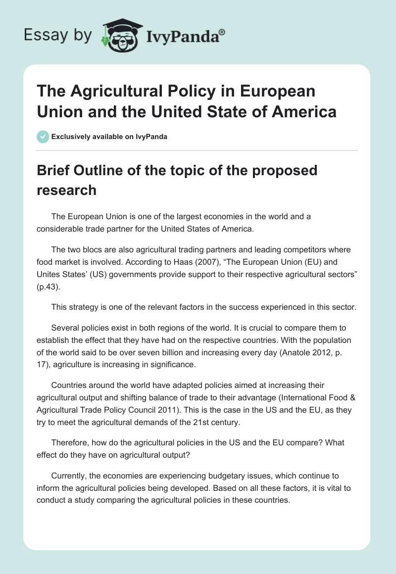 The Agricultural Policy in European Union and the United State of America. Page 1