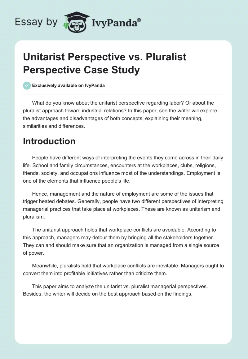 Unitarist Perspective vs. Pluralist Perspective Case Study. Page 1