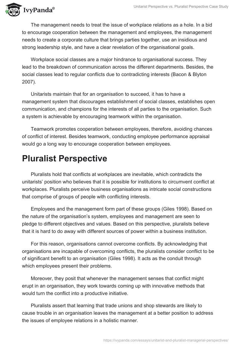 Unitarist Perspective vs. Pluralist Perspective Case Study. Page 4