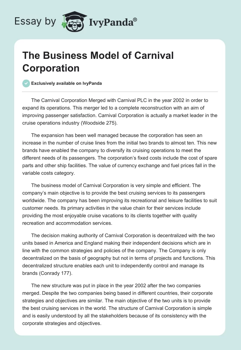 The Business Model of Carnival Corporation . Page 1