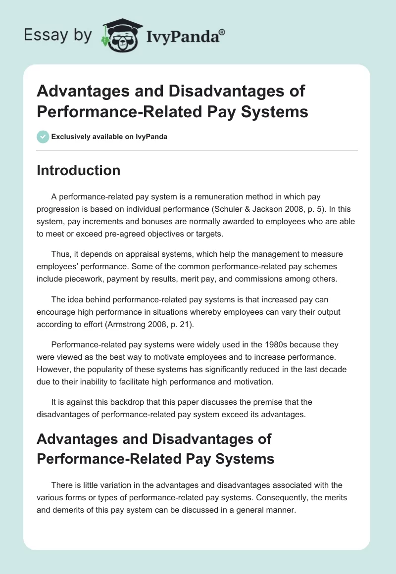Advantages and Disadvantages of Performance-Related Pay Systems. Page 1