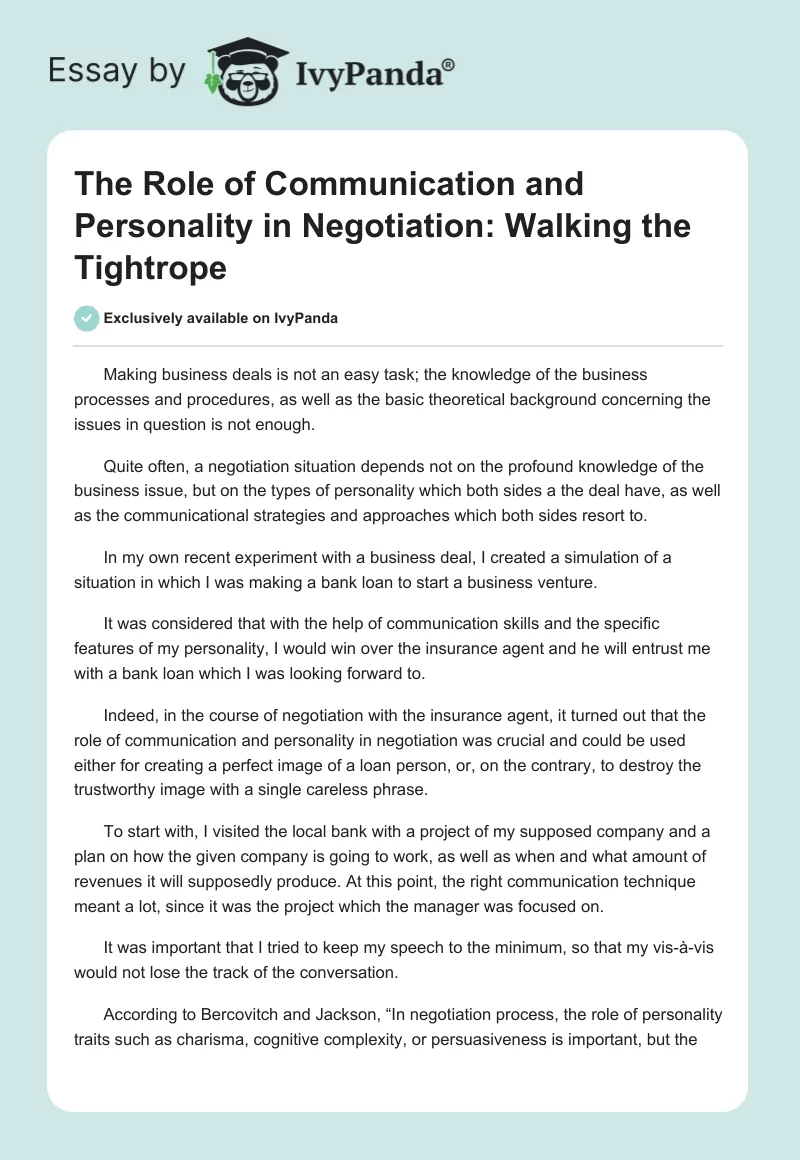 The Role of Communication and Personality in Negotiation: Walking the Tightrope. Page 1