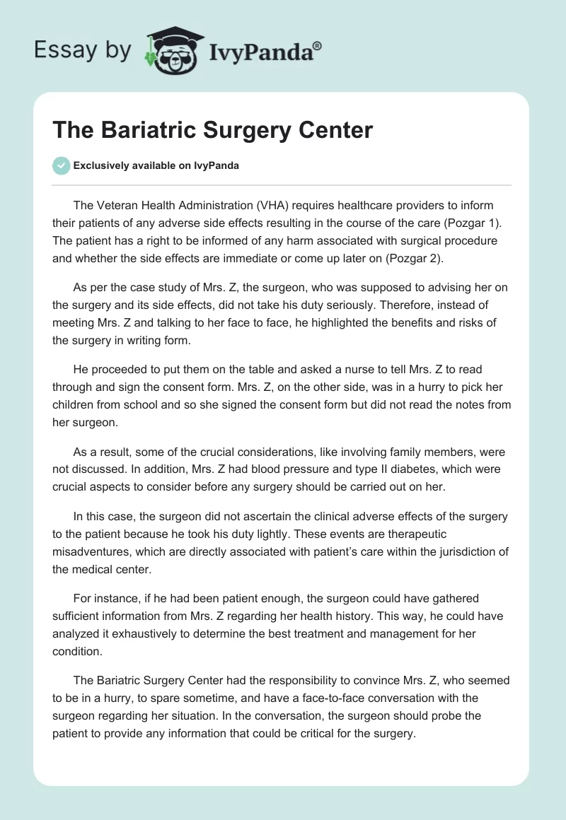 The Bariatric Surgery Center. Page 1
