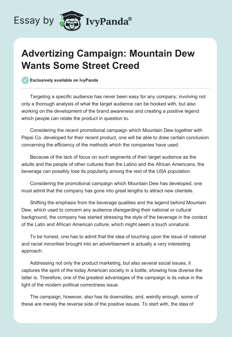 Advertizing Campaign: Mountain Dew Wants Some Street Creed. Page 1