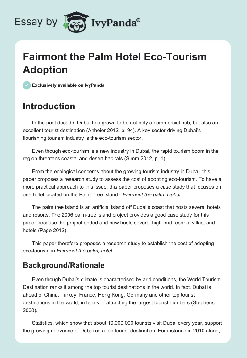 Fairmont the Palm Hotel Eco-Tourism Adoption. Page 1
