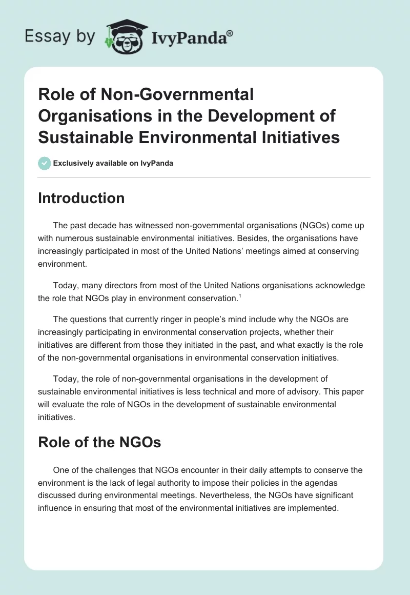 Role of Non-Governmental Organisations in the Development of Sustainable Environmental Initiatives. Page 1