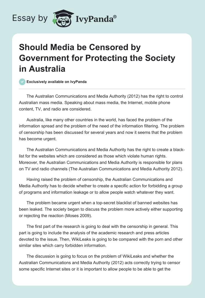 Should Media be Censored by Government for Protecting the Society in Australia. Page 1