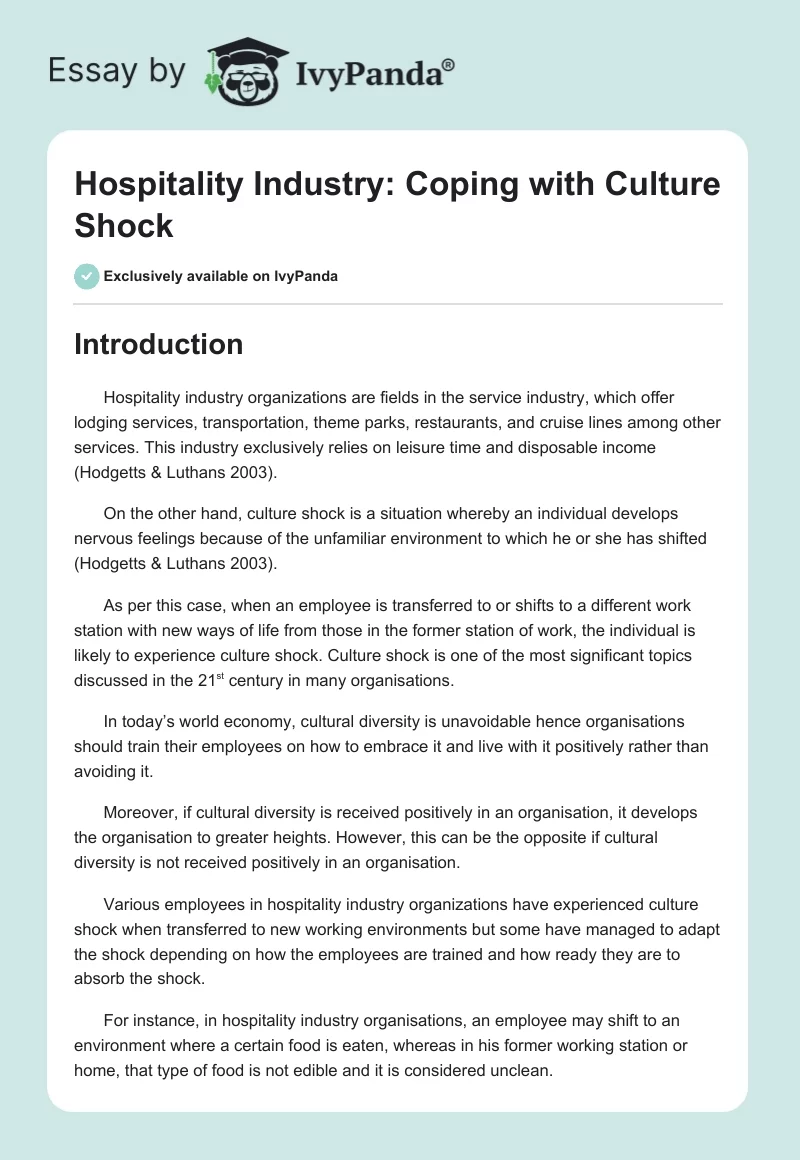 Hospitality Industry: Coping with Culture Shock. Page 1