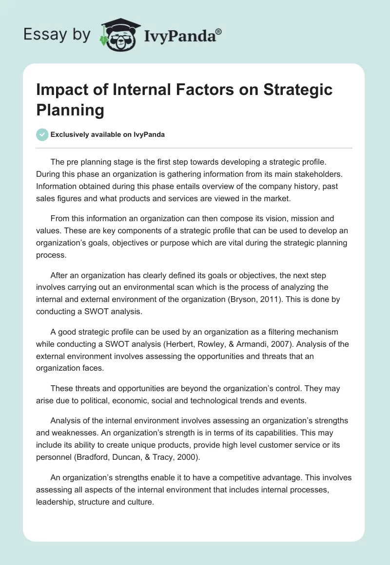 Impact of Internal Factors on Strategic Planning. Page 1