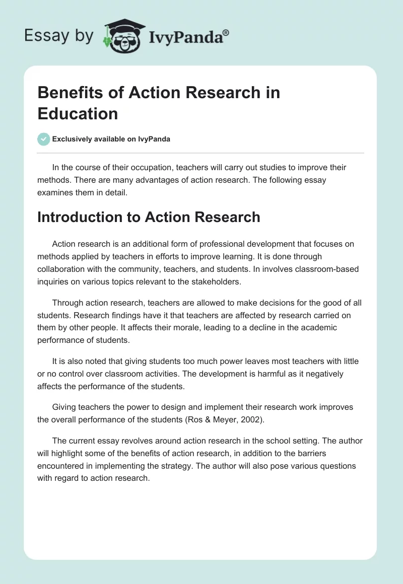 Benefits of Action Research in Education. Page 1