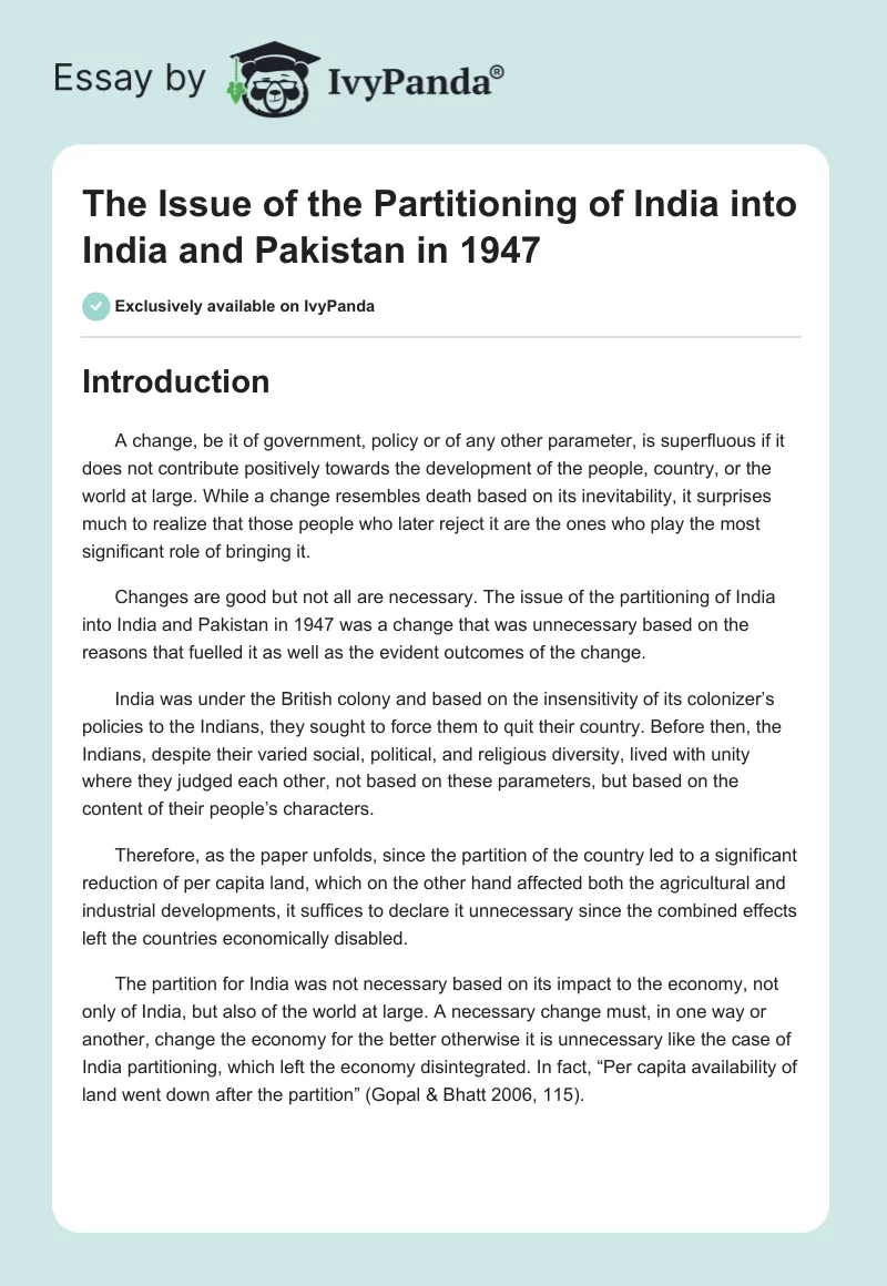 The Issue of the Partitioning of India Into India and Pakistan in 1947. Page 1
