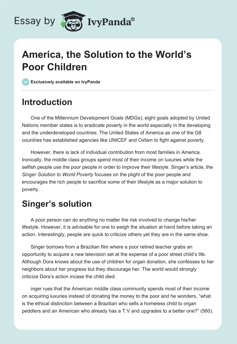 America, the Solution to the World’s Poor Children. Page 1